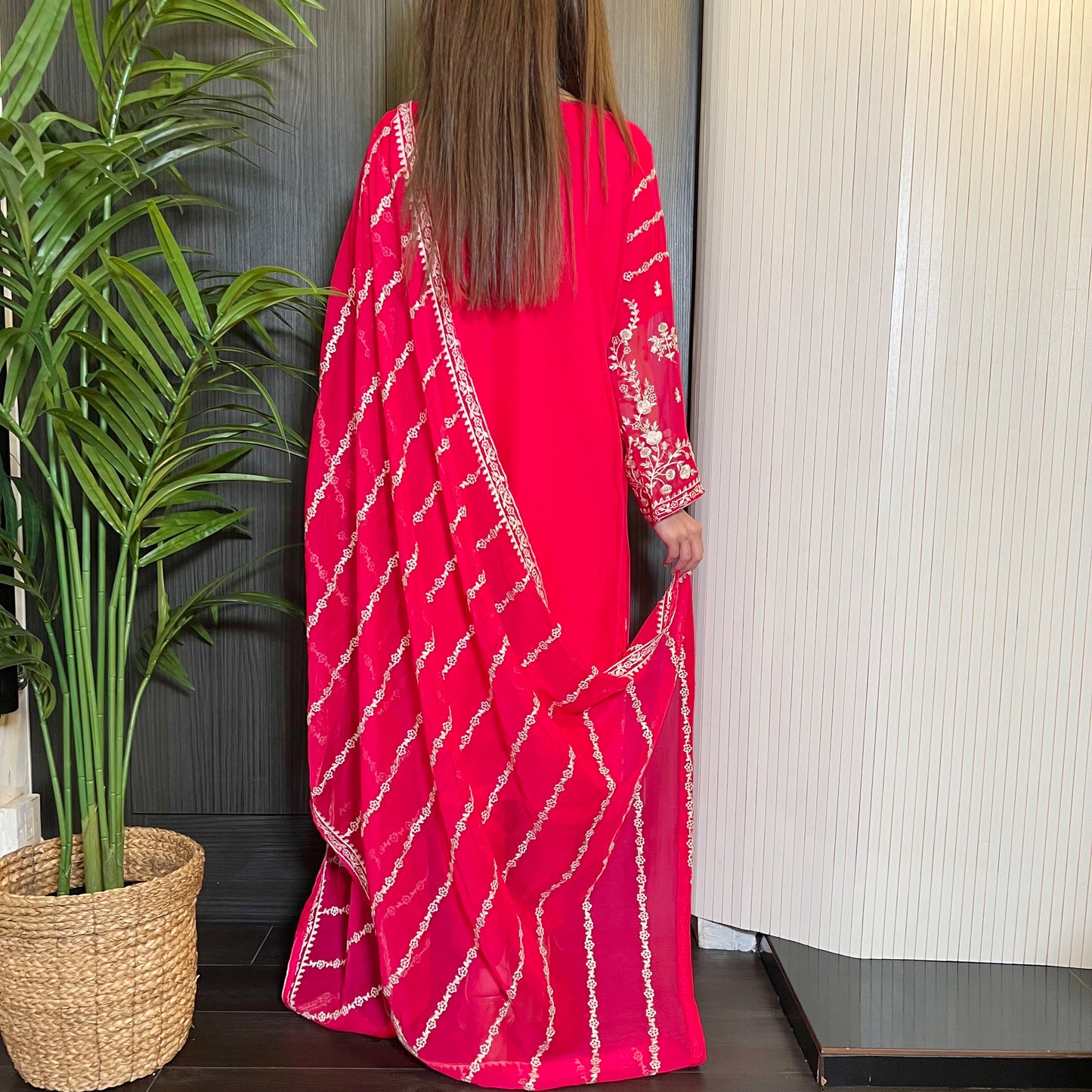 Agha Noor Hot Pink Embroidered Chiffon Suit