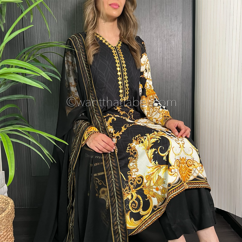 Black Baroque Print Mirror Peplum Frock Suit