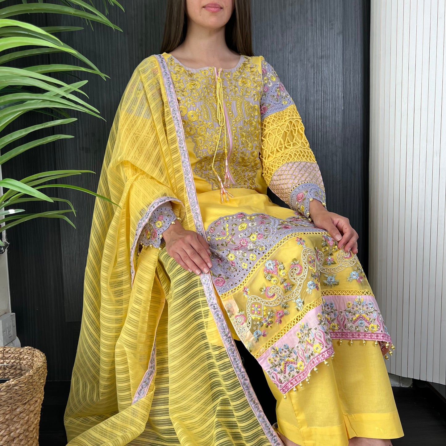 Karma Original Yellow Lilac Chikankari Embroidered Suit