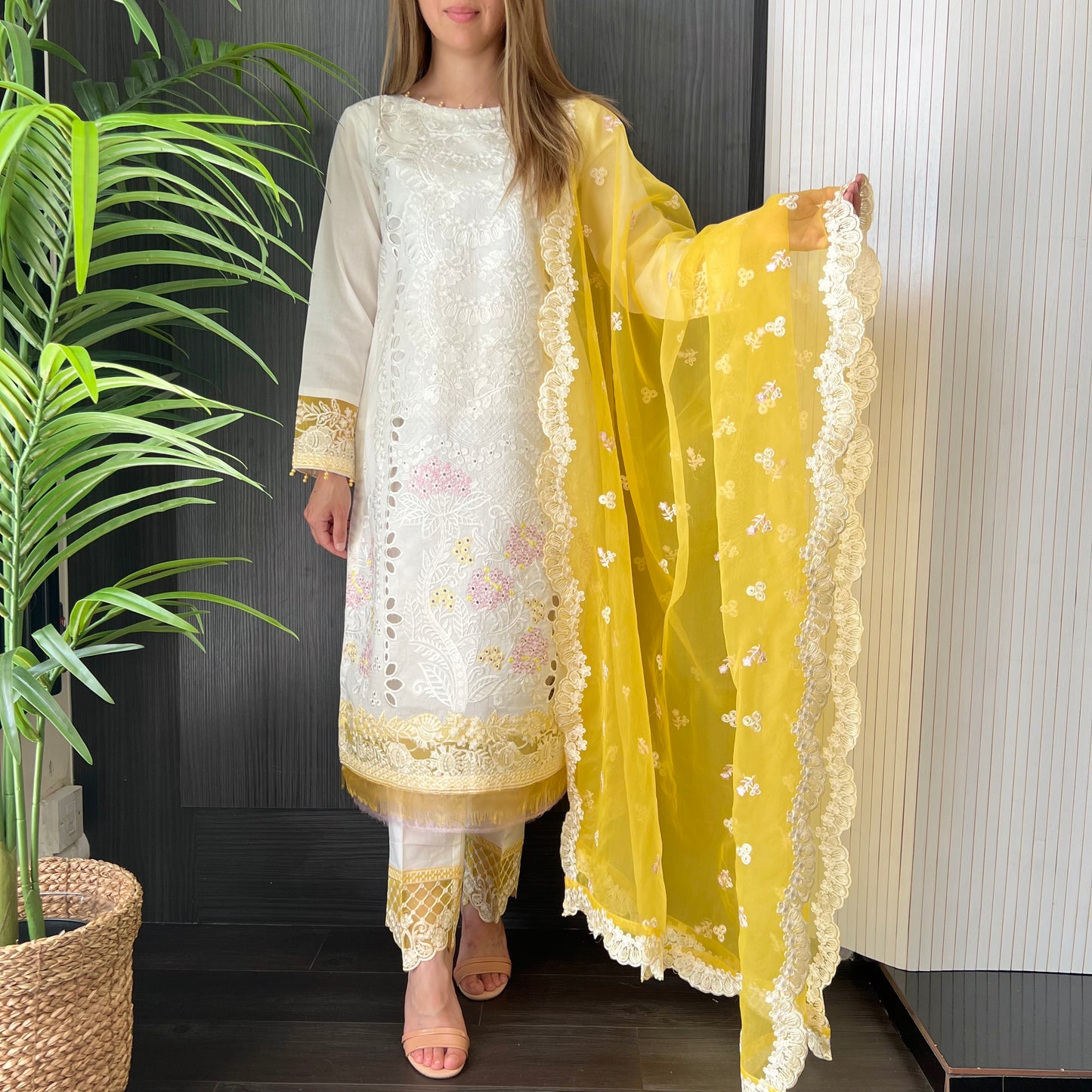 Crimson Inspired White Yellow Embroidered Chickankari Lawn Suit