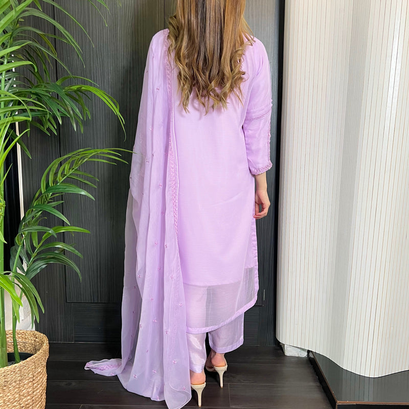 Lilac Hand Embroidered Chiffon Suit