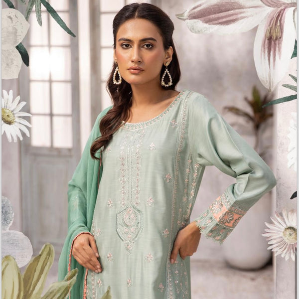 Simrans Afroze Teal Embroidered Viscose Piece Suit
