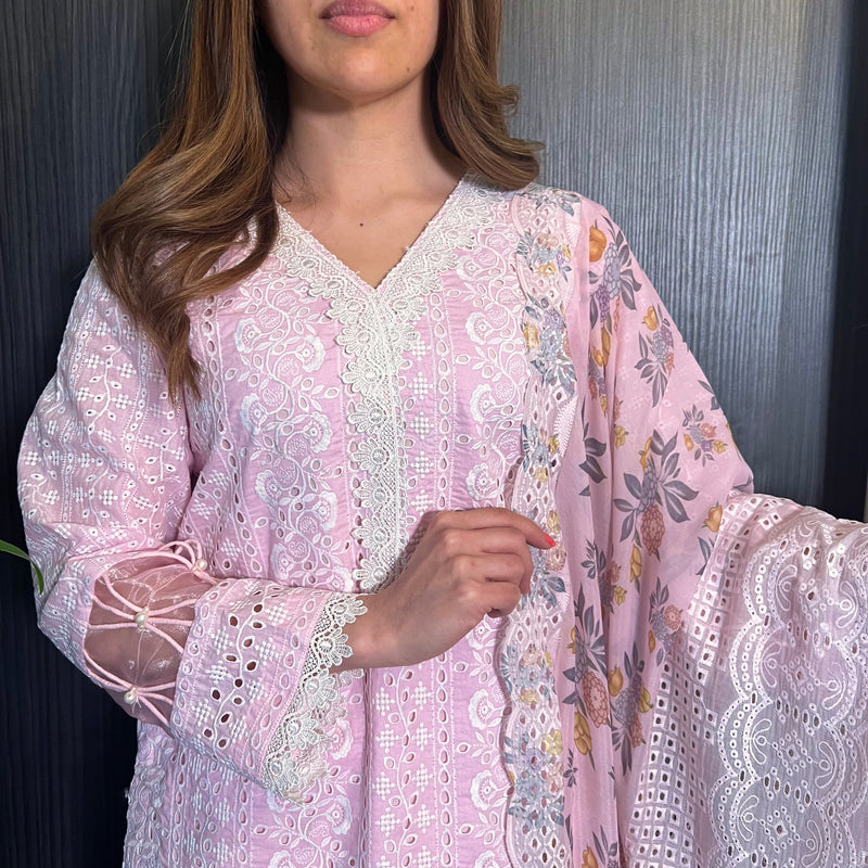 Baby Pink White Embroidered Chickankari Suit