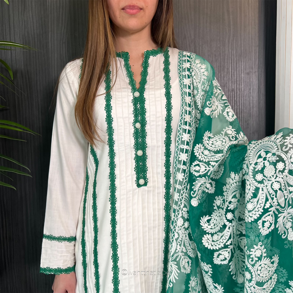 Riya White Green Lace Trim Linen Organza Dupatta Suit