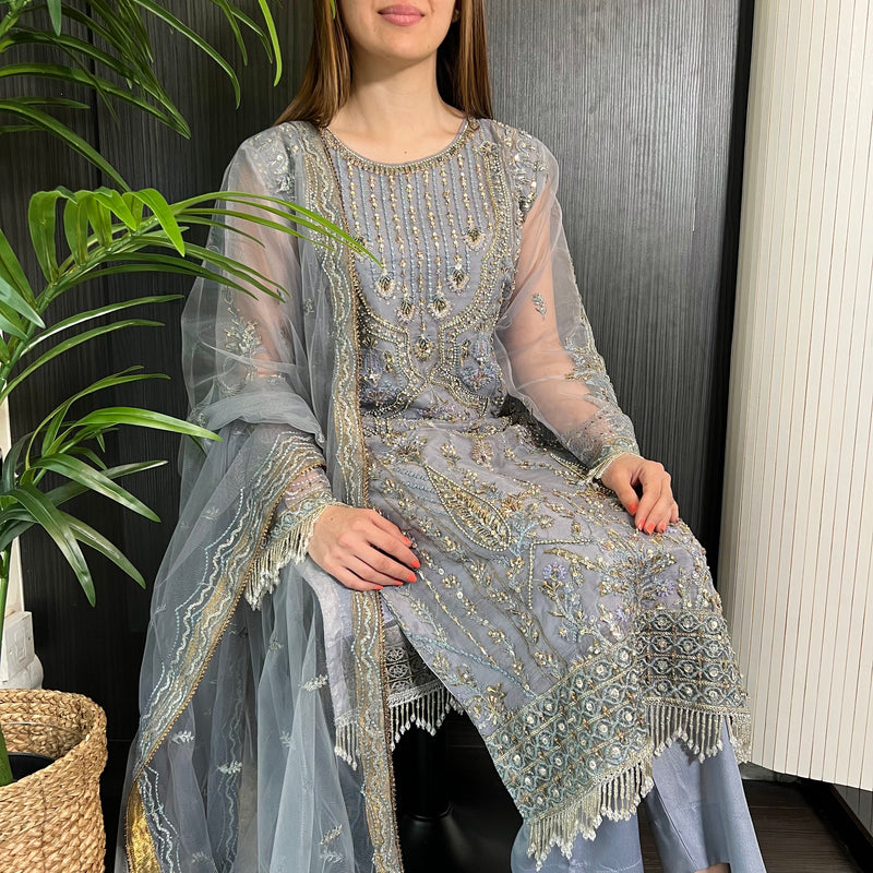 Prêt Grey Antique Gold Heavily Embroidered Organza Suit