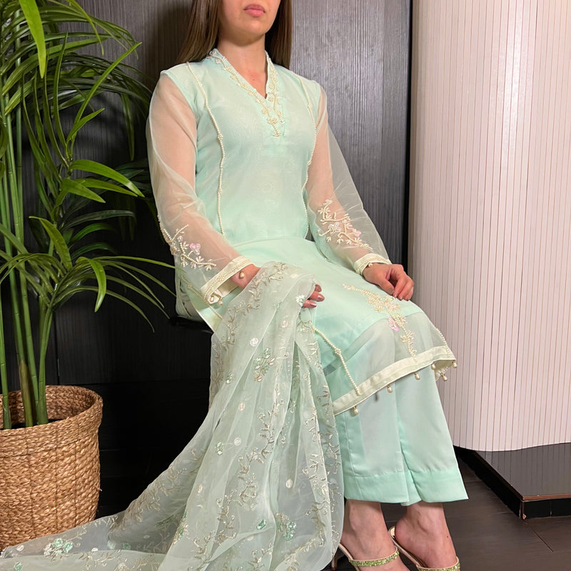 Blue White Pearl Embroidered Organza Suit