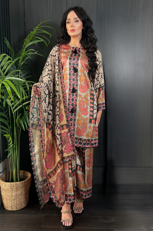 Iqra Baroque Printed Black Satin Silk 3 Piece Suit
