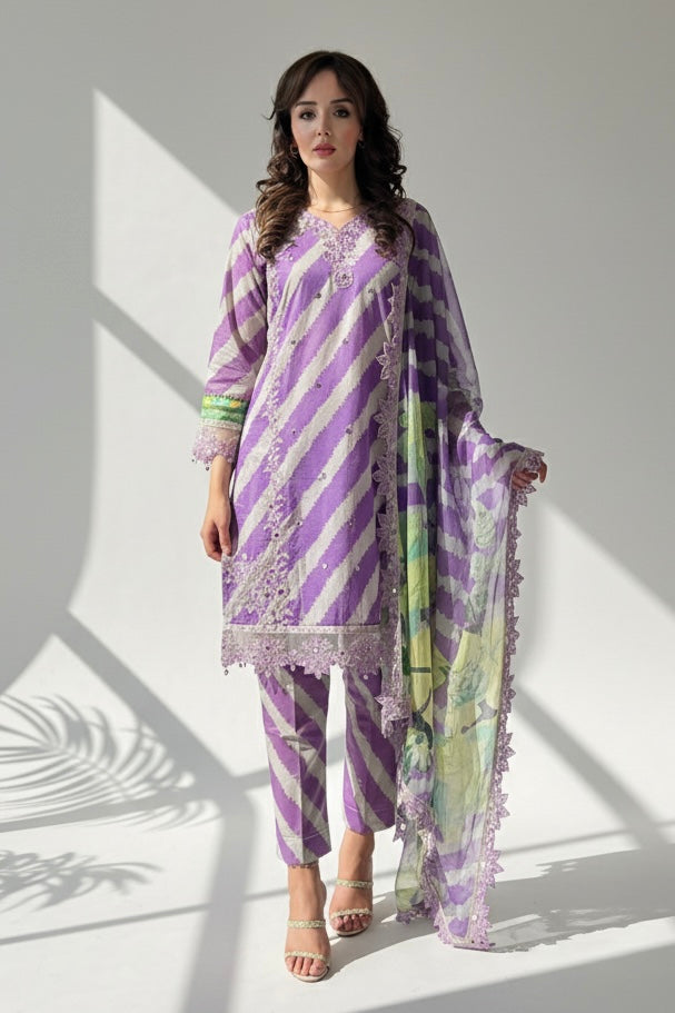 Zaha Purple Stripe Printed Cotton Embroidered 3 Piece Suit