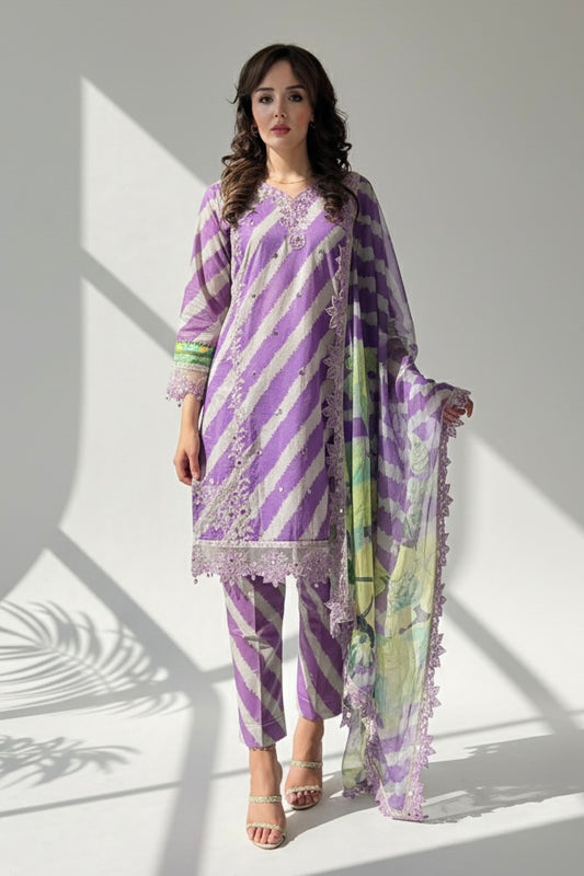 Zaha Purple Stripe Printed Cotton Embroidered 3 Piece Suit