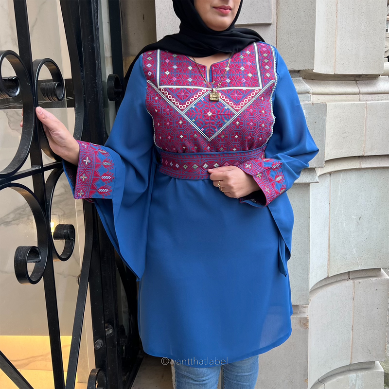 Imaan Palestinian Blue Red Embroidery Kaftan Dress
