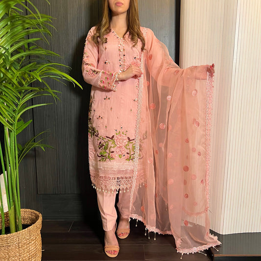 Pink Heavily Embroidered Mirror Khadi Net Suit