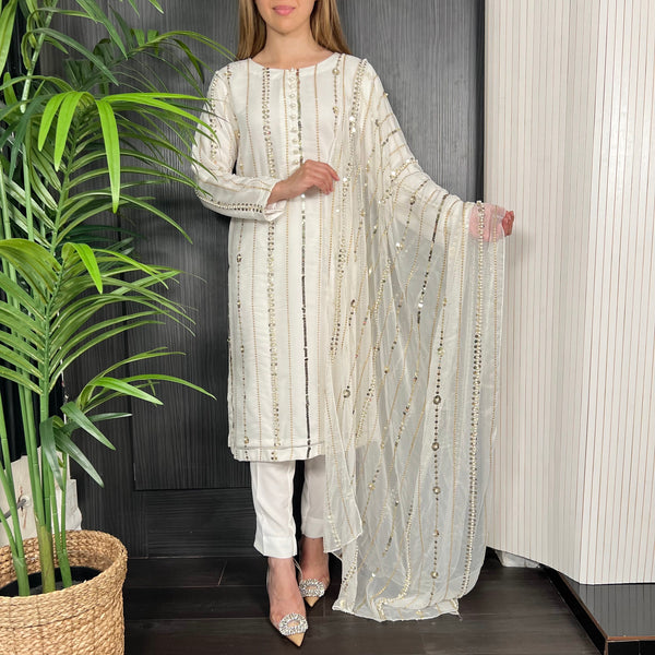 Ivory Gold Sequin Pearl Embroidered Chiffon Suit