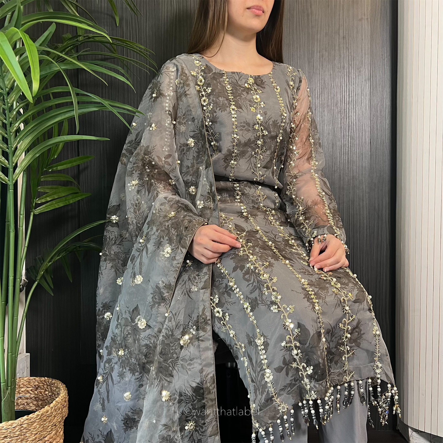 Mahirah Grey Gold Sequin Embroidered Organza Suit