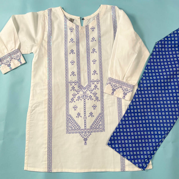 Kids White Blue Sequin Embroidered Lawn Kurta Suit