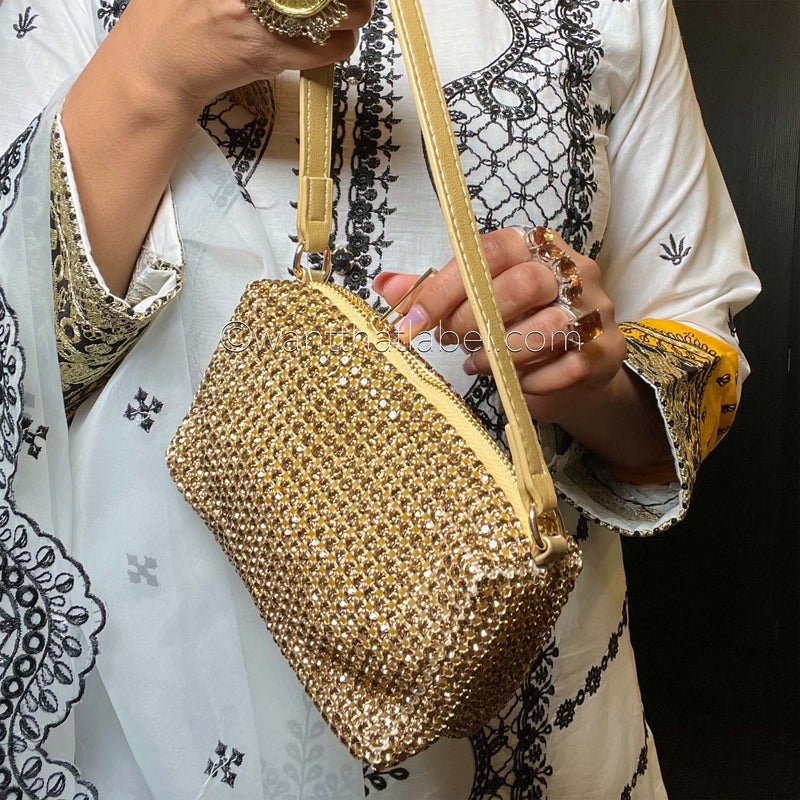 Gold Diamante Mini Pouch Bag