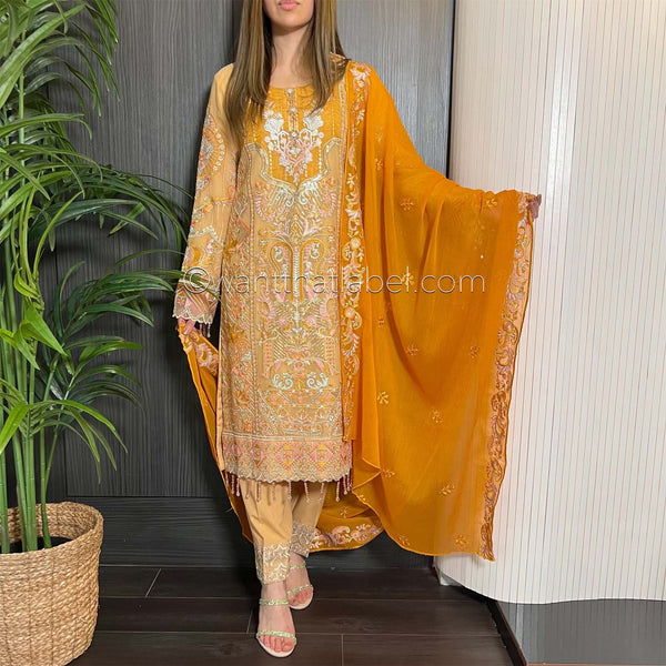 Gold Orange Heavily Embroidered Chiffon Suit