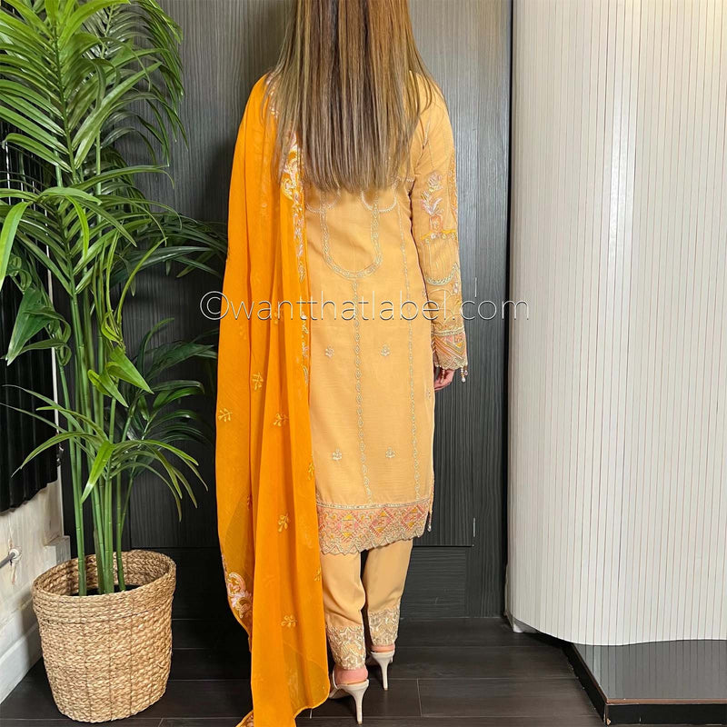 Gold Orange Heavily Embroidered Chiffon Suit