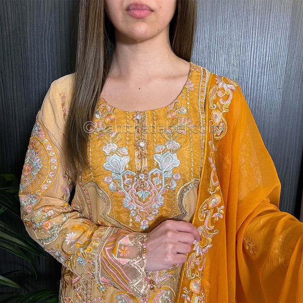 Gold Orange Heavily Embroidered Chiffon Suit