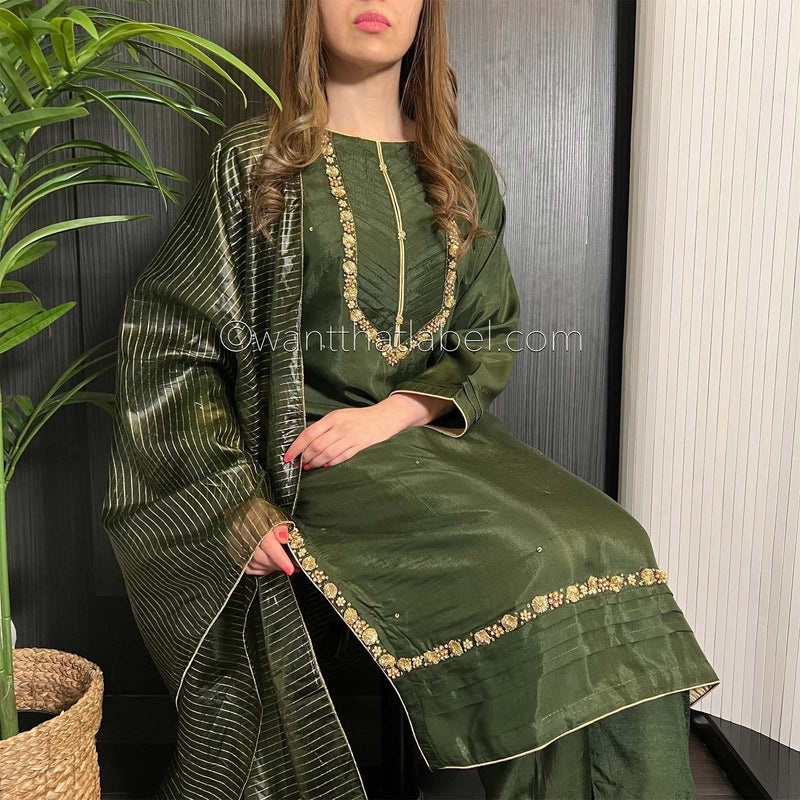 Green Hand Embroidered Cotton Silk Suit