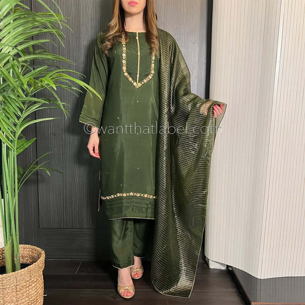 Olive Green Hand Embroidered Cotton Silk Suit