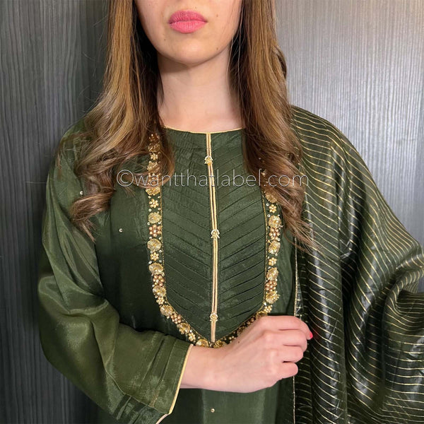 Olive Green Hand Embroidered Cotton Silk Suit