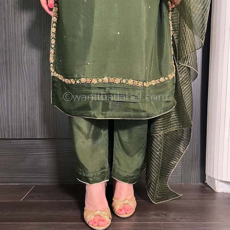 Green Hand Embroidered Cotton Silk Suit