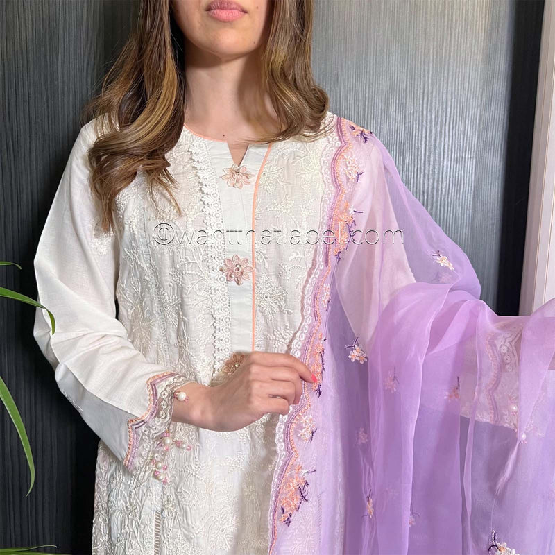 Ivory Lilac Embroidered Chickankari Suit