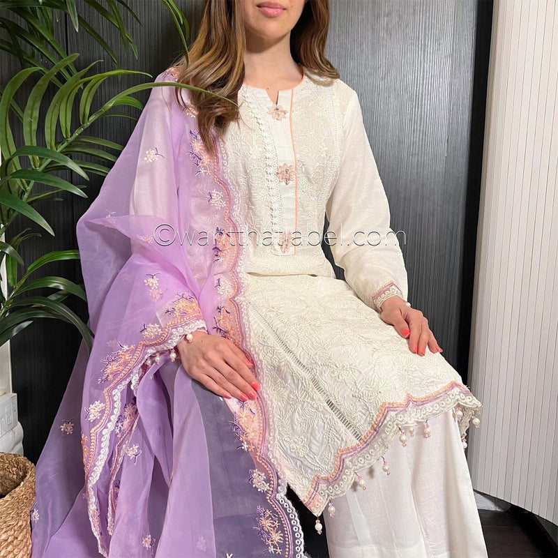 Ivory Lilac Embroidered Chickankari Suit