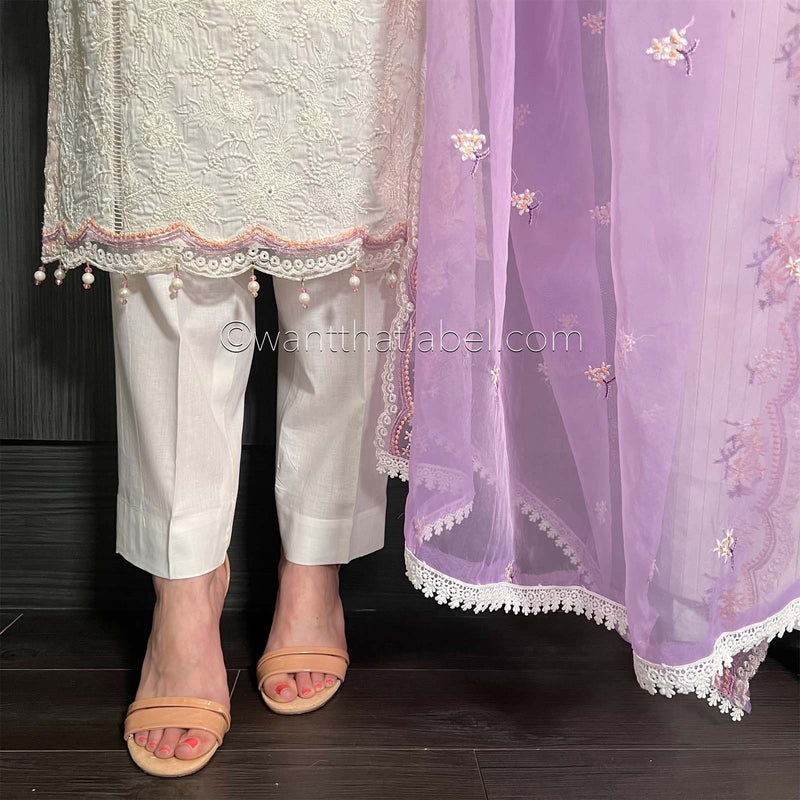Ivory Lilac Embroidered Chickankari Suit