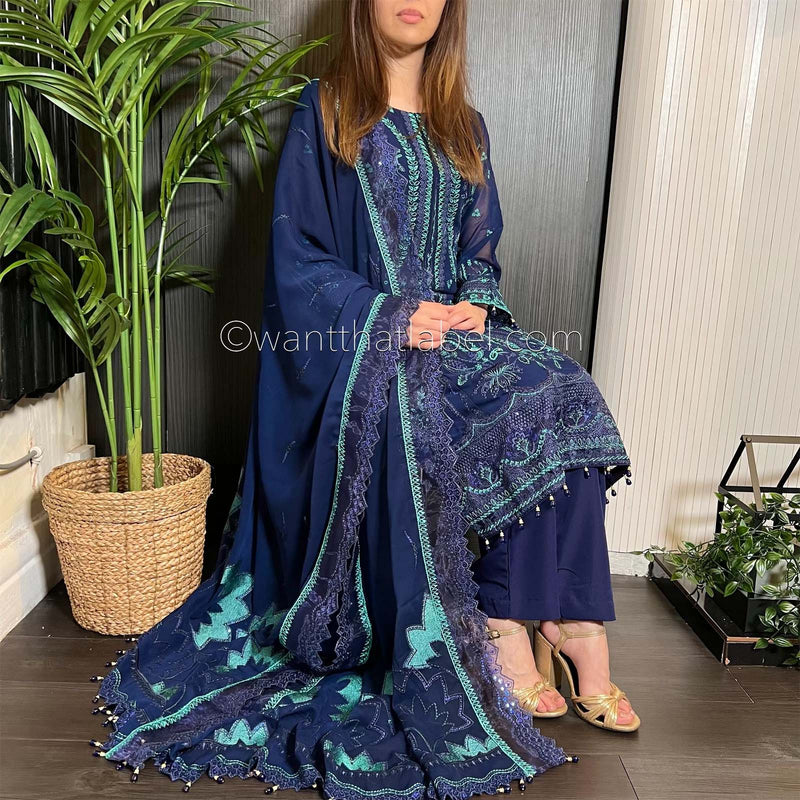 Jazmin Inspired Navy Heavily Embroidered Chiffon Suit