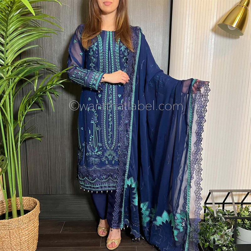 Jazmin Inspired Navy Heavily Embroidered Chiffon Suit