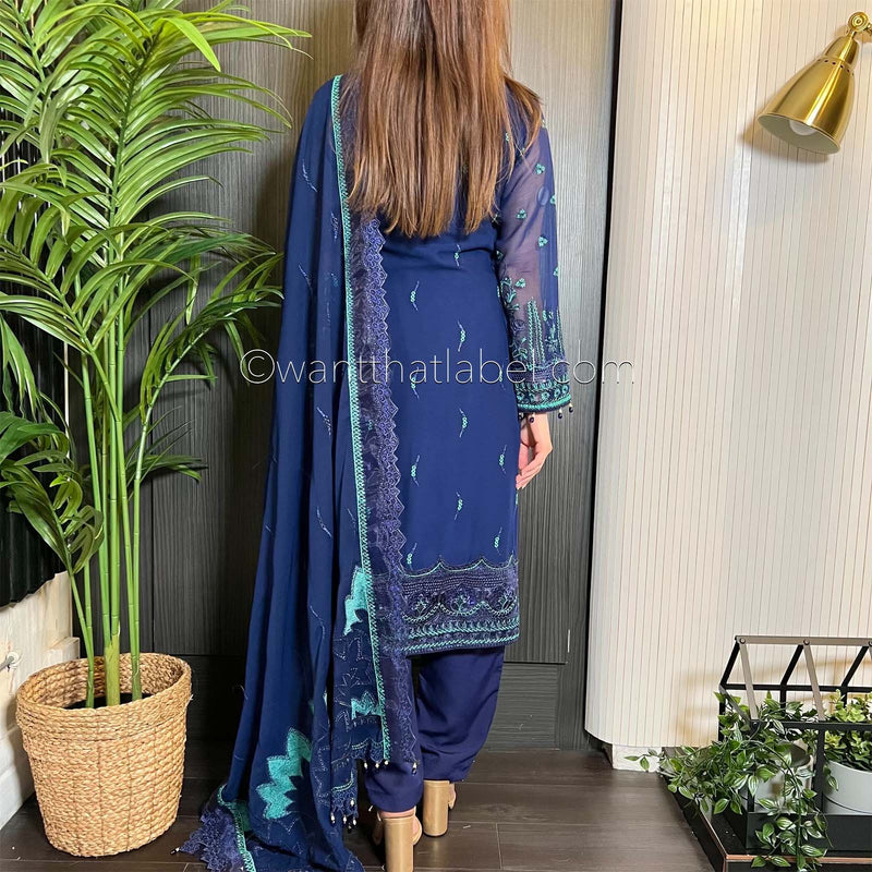 Jazmin Inspired Navy Heavily Embroidered Chiffon Suit