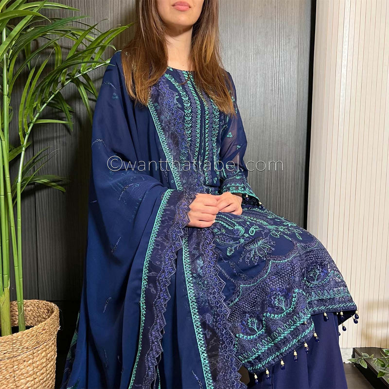 Jazmin Inspired Navy Heavily Embroidered Chiffon Suit