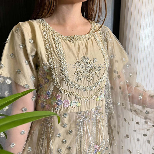 Karma Original Beige Embroidered Panelled Maxi Dress Suit