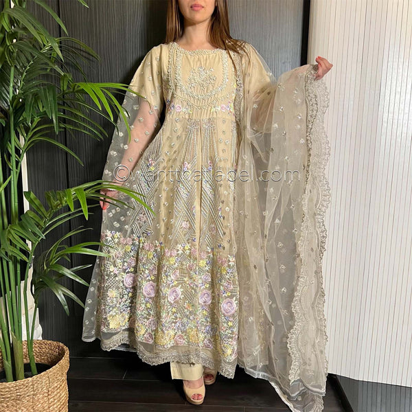 Karma Original Beige Embroidered Panelled Maxi Dress Suit