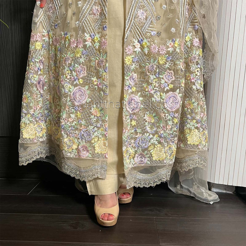 Karma Original Beige Embroidered Panelled Maxi Dress Suit