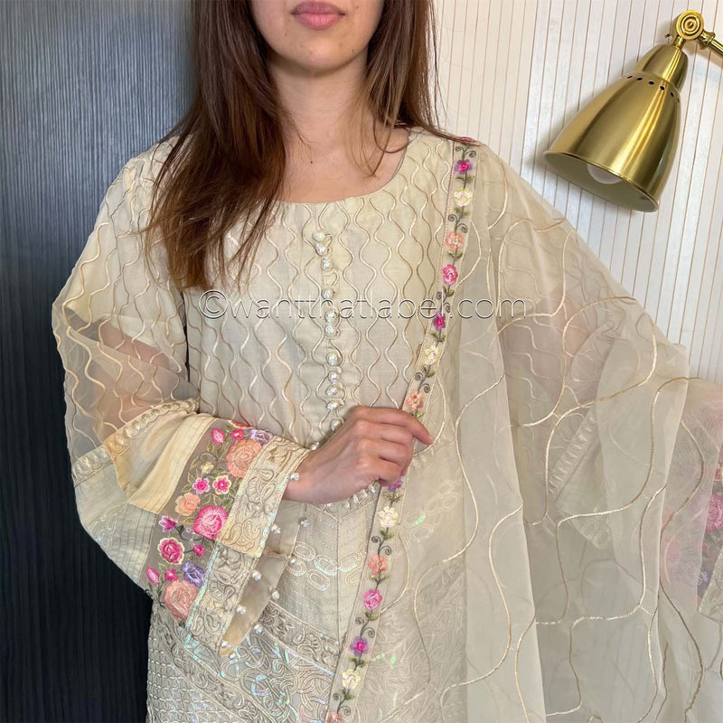 Karma Original Beige Sequin Embroidered Kameez Suit