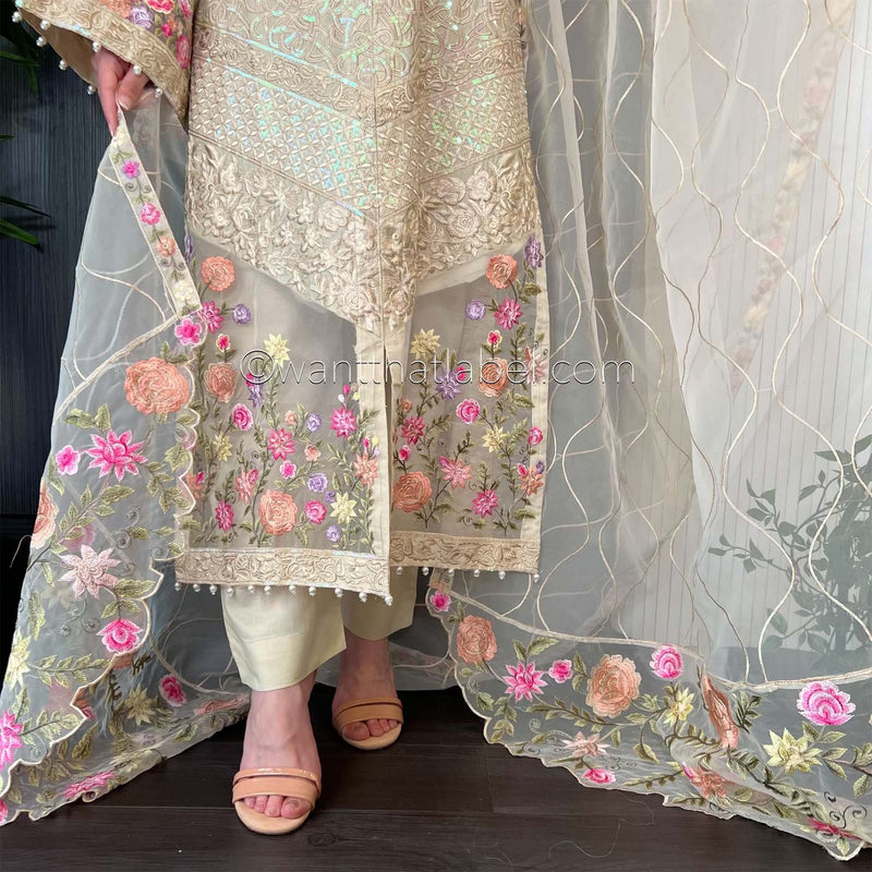 Karma Original Beige Sequin Embroidered Kameez Suit