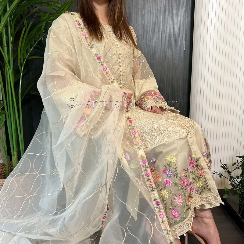 Karma Original Beige Sequin Embroidered Kameez Suit