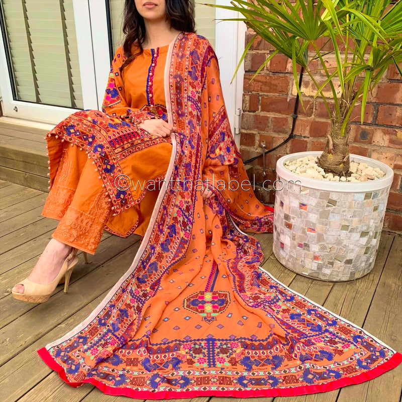Karma Original Orange Tribal Embroidered Kameez Suit