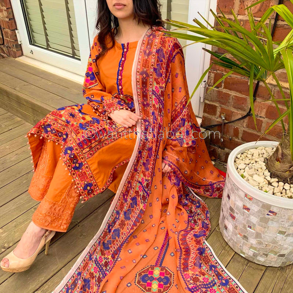 Karma Original Orange Tribal Embroidered Kameez Suit