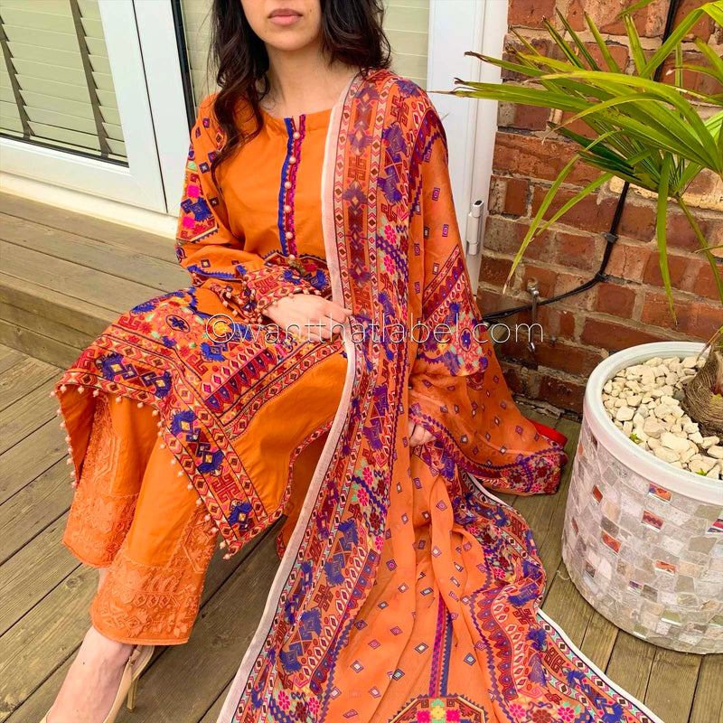 Karma Original Orange Tribal Embroidered Kameez Suit