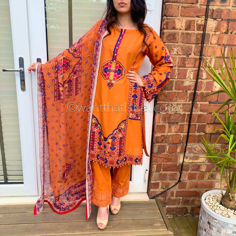 Karma Original Orange Tribal Embroidered Kameez Suit