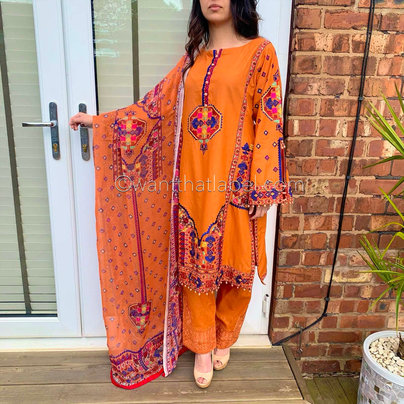 Karma Original Orange Tribal Embroidered Kameez Suit