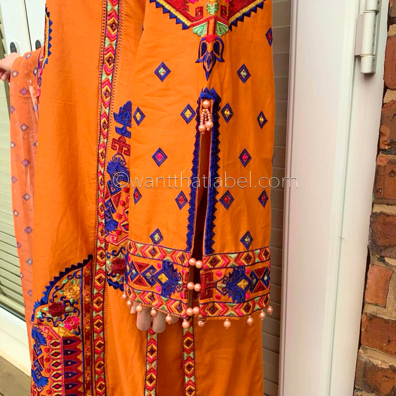Karma Original Orange Tribal Embroidered Kameez Suit