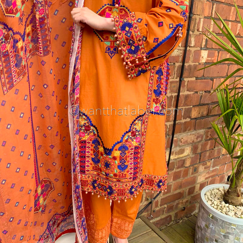 Karma Original Orange Tribal Embroidered Kameez Suit