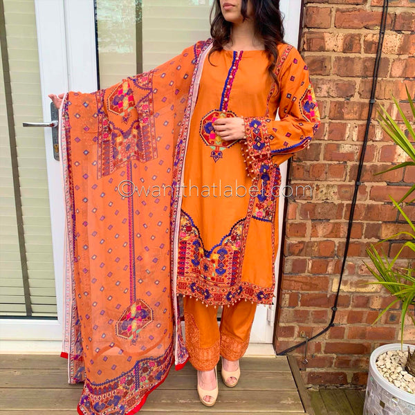 Karma Original Orange Tribal Embroidered Kameez Suit
