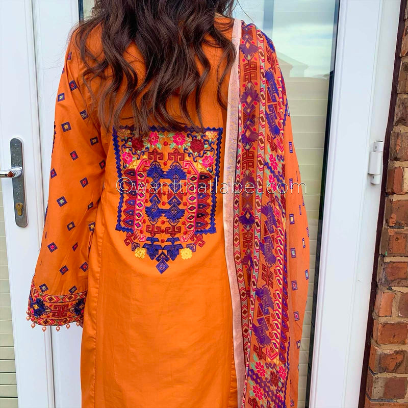 Karma Original Orange Tribal Embroidered Kameez Suit