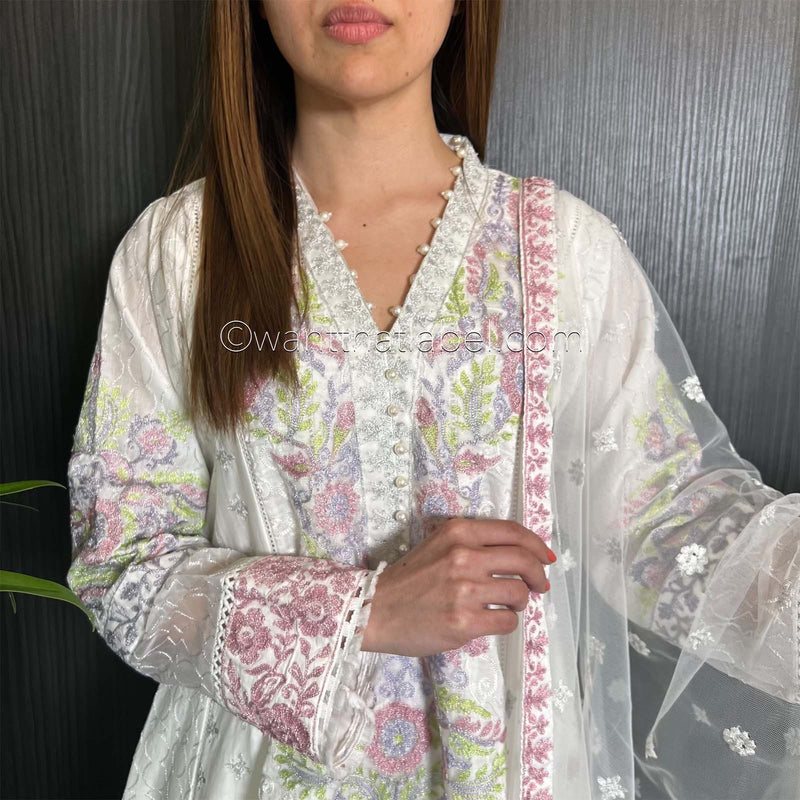 Karma Original White Embroidered Panelled Dress Suit