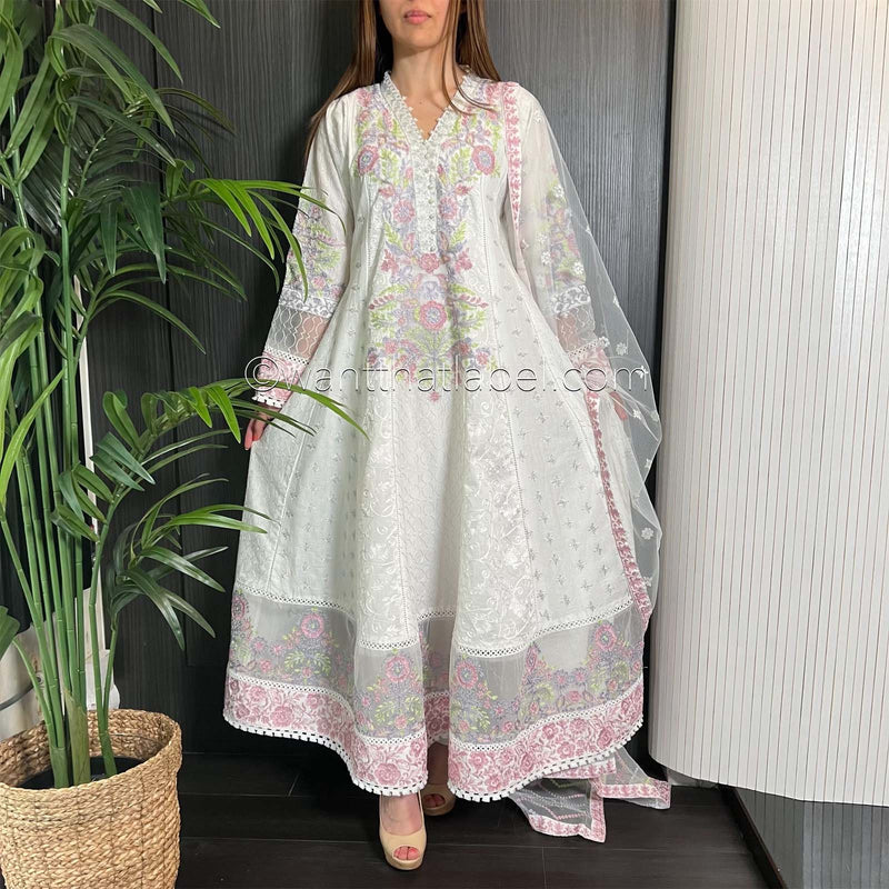 Karma Original White Embroidered Panelled Dress Suit